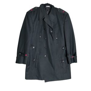EJ Samuel Mens Black Double Breasted Trench Coat Red Cross Embroidery 42R